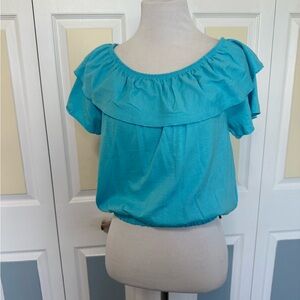 NWT United Colors Of Benetton Turquoise Aqua Blue Off Shoulder‎ Ruffled Blouse